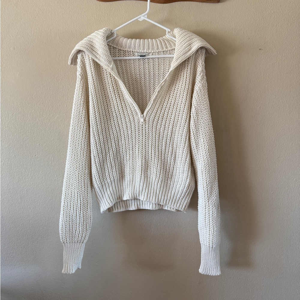 American Eagle Cream Open Knit Chunky Sailor Collar Half Zip Sweater size S